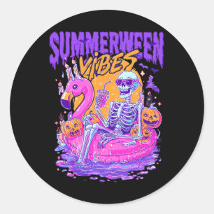 Sticker Rond Summerween Squelette Éffrayant Summer Beach Skelly