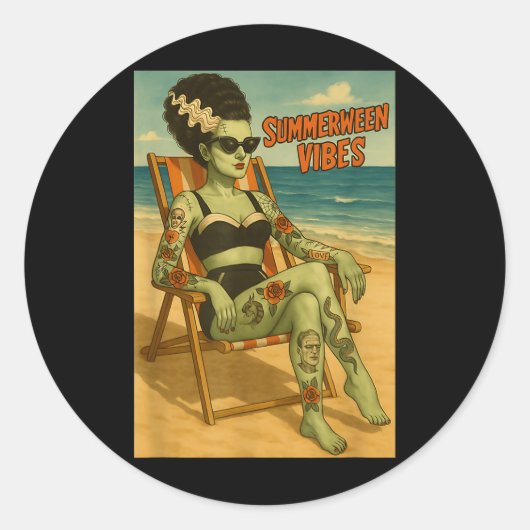 Sticker Rond Summerween Vibes Retro Beach Style gothique Tee (Devant)