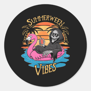 Sticker Rond Summerween Vibes Skeleton Flamant rose Hallowee Éf