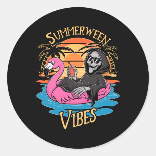 Sticker Rond Summerween Vibes Skeleton Flamant rose Hallowee Éf (Devant)