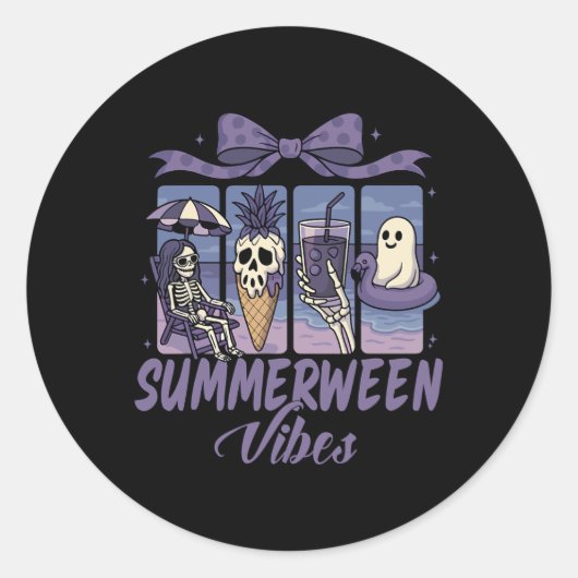Sticker Rond Summerween Vibes Skeleton Ghost Beach Party Hallow (Devant)