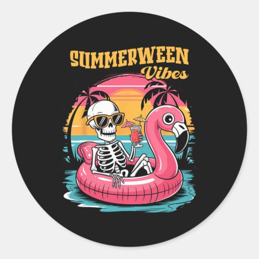Sticker Rond Summerween Vibes Skeleton Summer Vacation Funny Ha (Devant)