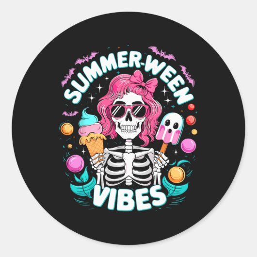 Sticker Rond Summerween Vibes Skeleton Vacances Éffrayantes Hal (Devant)