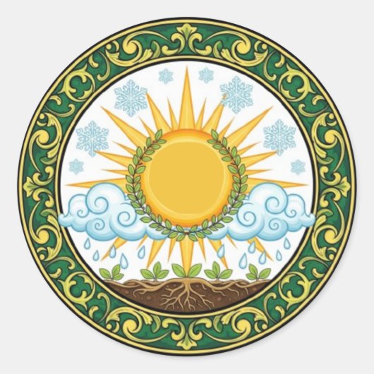 Sticker Rond Sun and Rain Nature Cycle Botanical Emblem ART (Devant)
