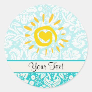 Sticker Rond Sun mignon ; Damassé turquoise