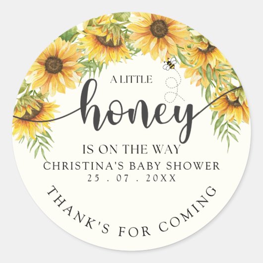 Sticker Rond Sunflower Bee Baby Shower Gender Neutral (Devant)