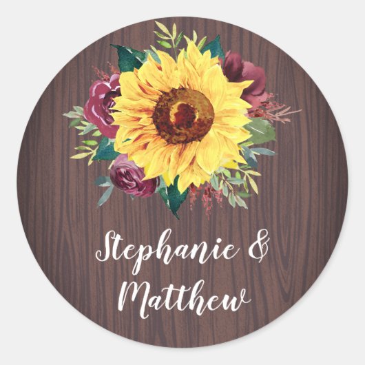 Sticker Rond Sunflower Bourgogne Rose Mariage bois (Devant)