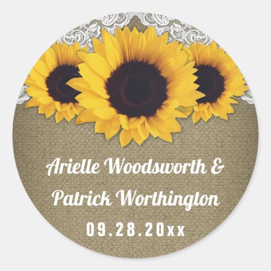 Sticker Rond Sunflower Burlap et mariage dentelle Faveur (Devant)