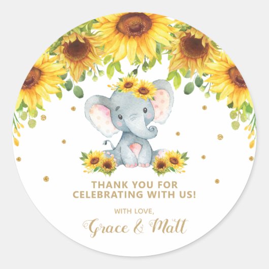 Sticker Rond Sunflower Elephant Merci Parties scintillant or (Devant)