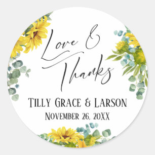 Sticker Rond Sunflower Eucalyptus Love & Thanks écriture manusc