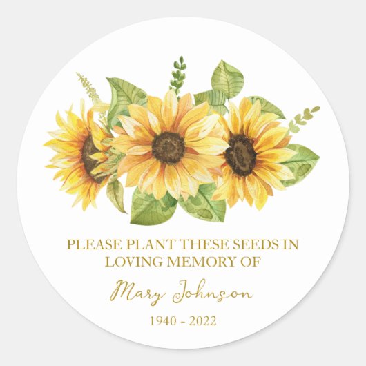 Sticker Rond Sunflower Memorial Funeral Seed Packet (Devant)