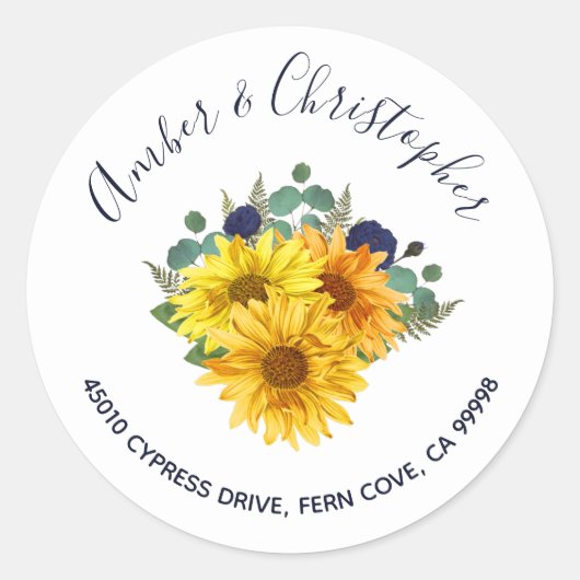 Sticker Rond Sunflower Navy Roses Mariage Adresse Enveloppe Sce (Devant)