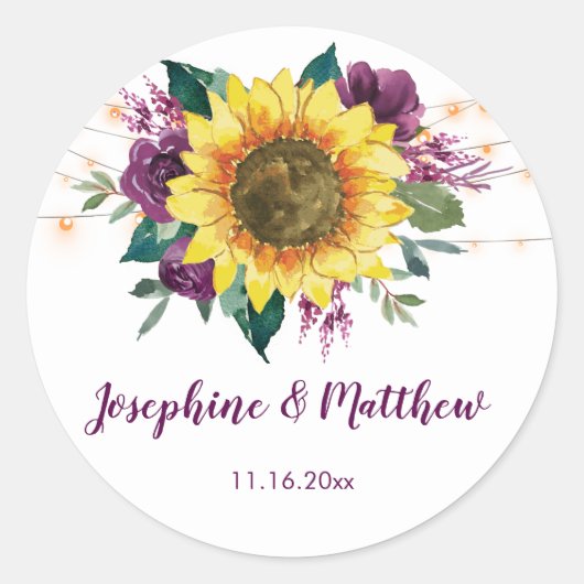 Sticker Rond Sunflower Plum Purple Rose Floral Lumières Mariage (Devant)
