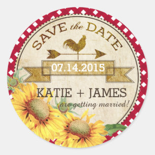 Sticker Rond Sunflower Rooster Rustic Enregistrer la date Étiqu