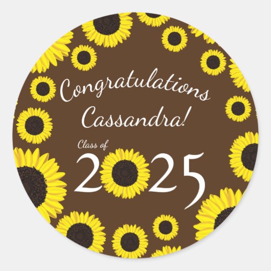 Sticker Rond Sunflowers Country Graduation Party Brown (Devant)