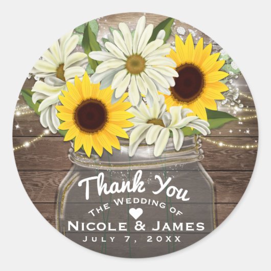 Sticker Rond Sunflowers & Daisy Mason Jar Sparkle Rustic Chic (Devant)