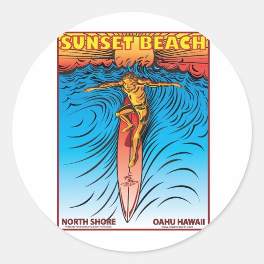 STICKER ROND SUNSET BEACH HAWAII SURF (Devant)