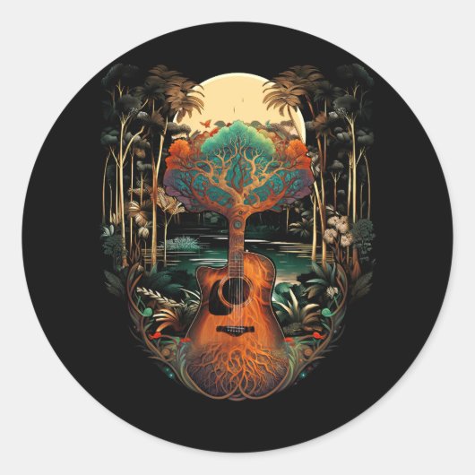 Sticker Rond Sunset De Guitare Acoustique Par Le Guitariste Lak (Devant)