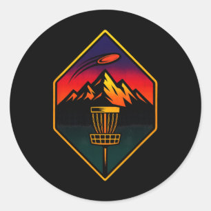 Sticker Rond Sunset Disc Golf - Montagnes Arbres Croqués