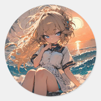 Sticker Rond Sunset Serenity : Beach Girl Art