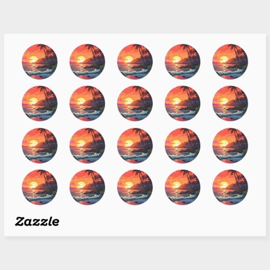 Sticker Rond Sunset Tropical Beach Paradise Island (Feuille)