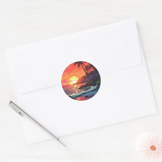 Sticker Rond Sunset Tropical Beach Paradise Island (Enveloppe)