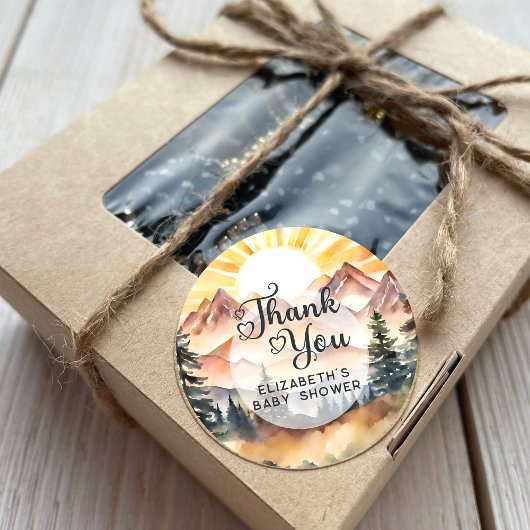 Sticker Rond Sunshine Rustic Nature Mountains Script Merci