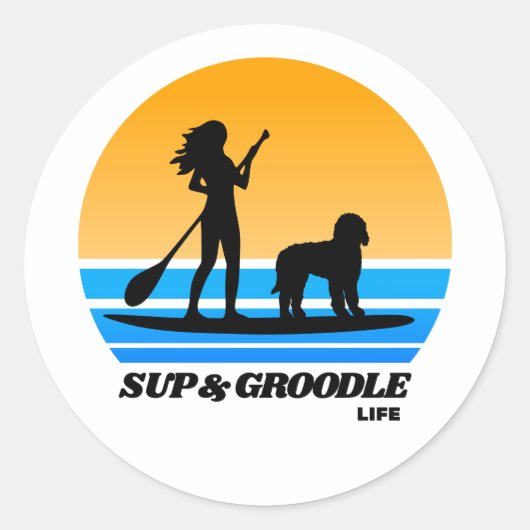 Sticker Rond SUP et Groodle - Standup Paddleboard Chien Maman (Devant)
