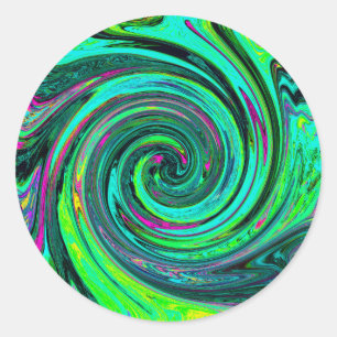 Sticker Rond Super Abstrait Retro Green et Magenta Swirl