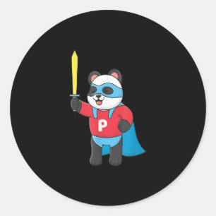 Sticker Rond Super Panda Mignonne Portant Un Masque Et Tenant L