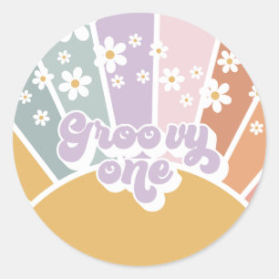 Sticker Rond Super un Sunshine rétro Rainbow Daisy