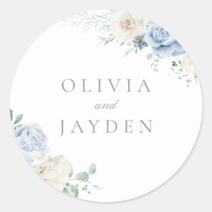 Sticker Rond Superbe Botanique Blanc & Bleu Floral Mariage