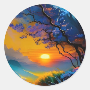 Sticker Rond Superbe lever de soleil sur l'étang