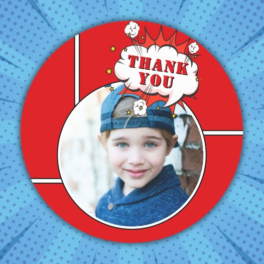 Sticker Rond Superhero Comic Boy Anniversaire Photo Merci