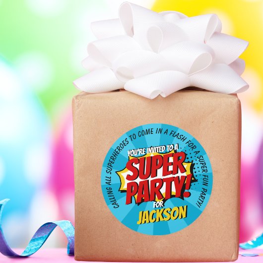 Sticker Rond Superhero Comic Style Garçon Anniversaire Bleu