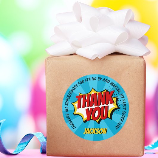 Sticker Rond Superhero Comic Style Garçon Anniversaire Merci bl