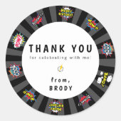 Sticker Rond Superhero Thème Anniversaire Merci (Devant)
