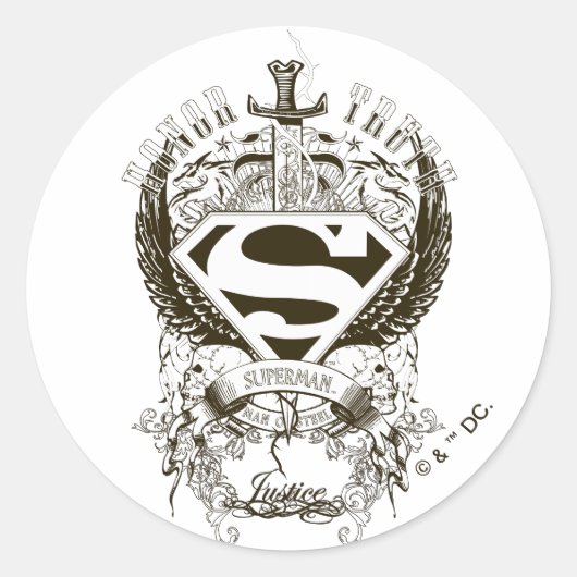 Sticker Rond Superman Stylisé | Honneur, vérité sur logo blanc (Devant)