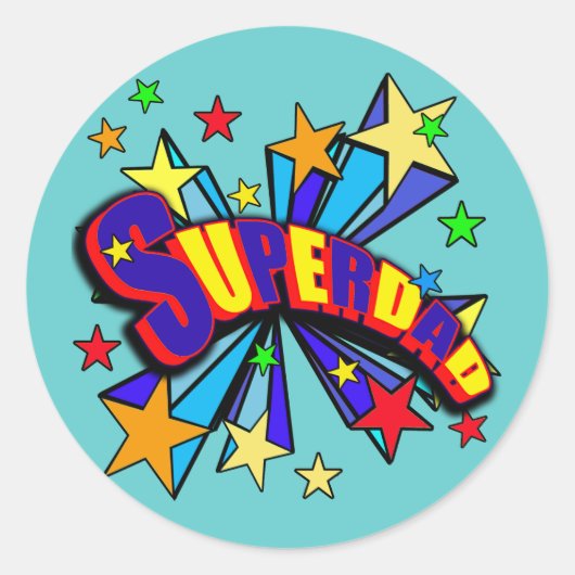 Sticker Rond SuperPapa ! avec Stars et Design de dessin animé (Devant)