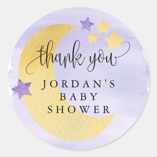 Sticker Rond Sur la Lune, Baby shower pourpre Favor (Devant)