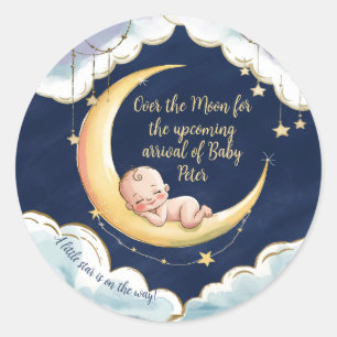 Sticker Rond Sur la lune Bébé Baby shower à thème céleste