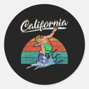 Sticker Rond Surf californien Été tropical Surfeur Rétro C