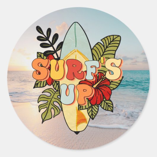 Sticker Rond Surf d'été fleurs de plage et feuilles tropicales (Devant)