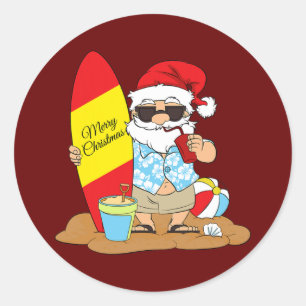 Sticker Rond Surf d'été plage Père Noël Hawaiian Noël