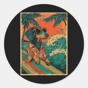 Sticker Rond Surf rétro de teckel surfeur chien plage hawaïenne
