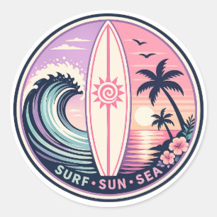 Sticker Rond Surf • Soleil • Mer Badge Vague Tropical Rétro V