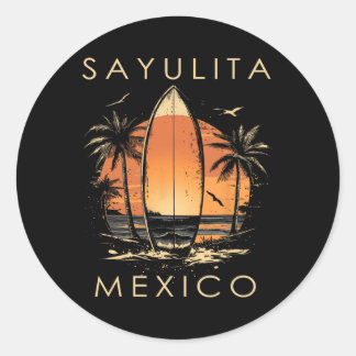 Sticker Rond Surfboarder Sayulita Mexico Beach Surfing Surfer V