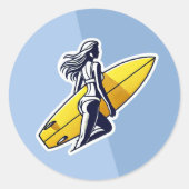 Sticker Rond Surfer fille avec Surf Jaune (Devant)