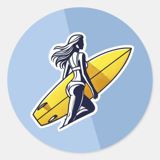 Sticker Rond Surfer fille avec Surf Jaune (Devant)
