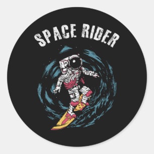 Sticker Rond Surfeur Astronaute Cavalier de l'Espace Surfeur